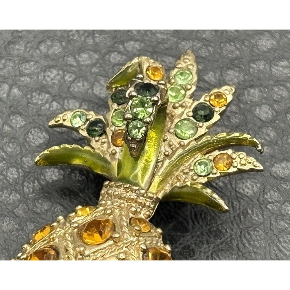 Monet Pineapple Brooch Green Yellow Rhinestone Vintage Tropical Beach Summer